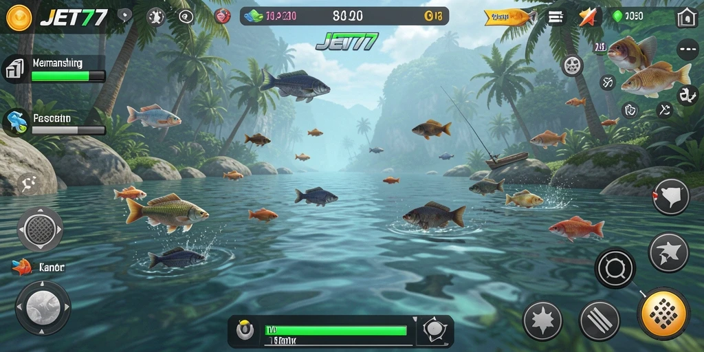 Screenshot utama JET77 menampilkan gameplay memancing yang seru dan realistis.