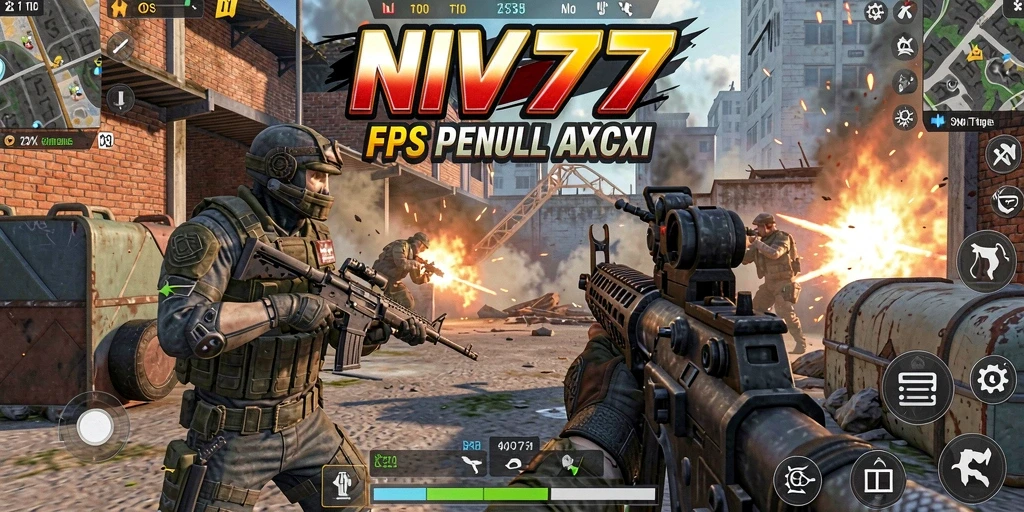 Screenshot utama NV77 menampilkan aksi epic dalam pertempuran FPS.