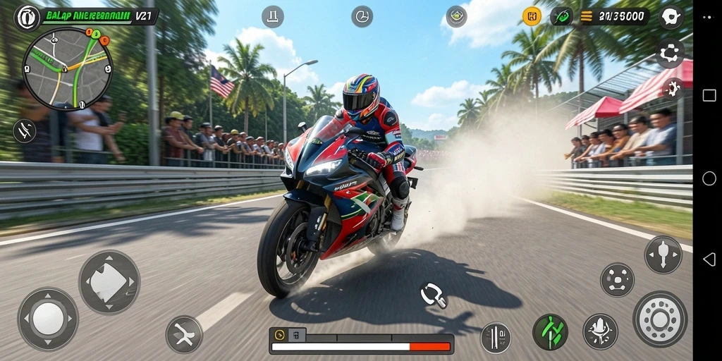 Tampilan seru gameplay V21 dengan balapan motor yang mendebarkan.